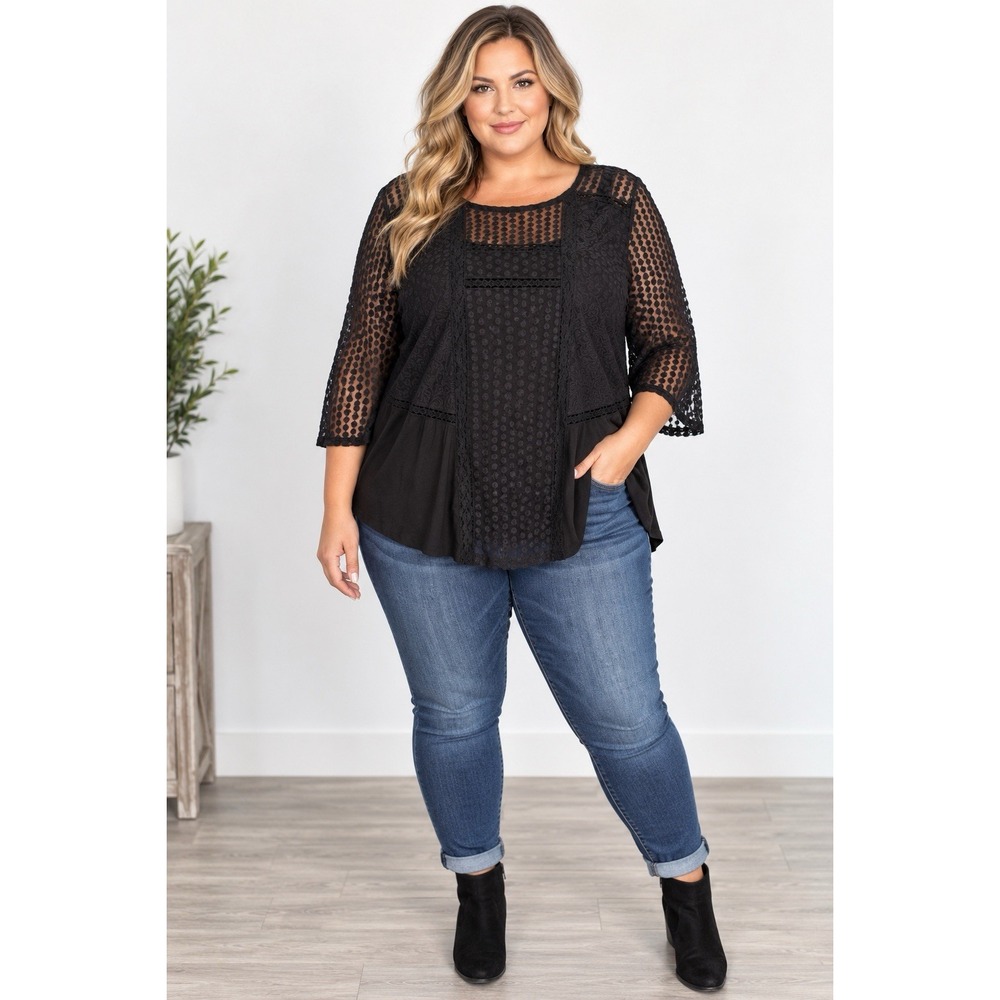 Lucky Brand Plus 3X Black Mixed Lace Sheer Mesh Boho Tunic Top 3/4 Sleeve